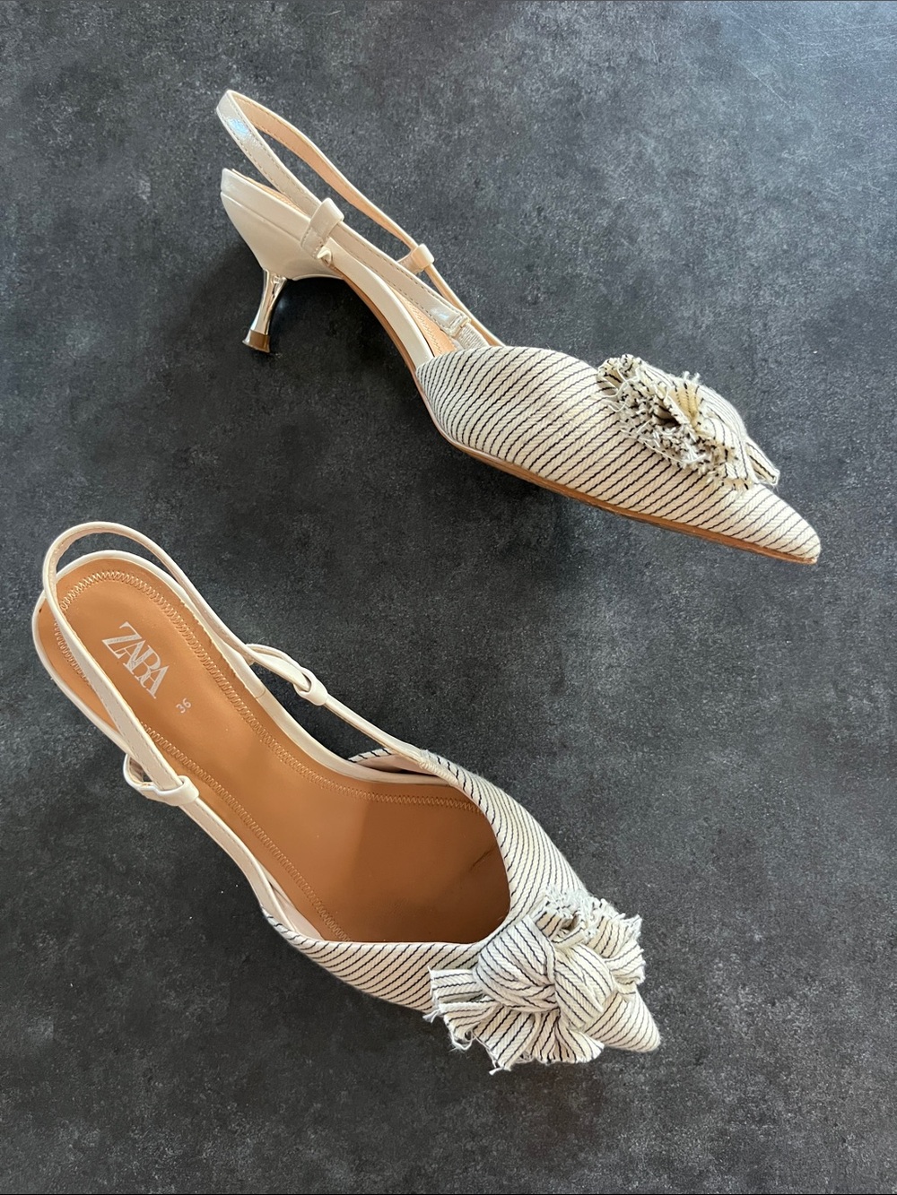 Zara Striped Slingback Kitten Heels Pointed Toe Fringed Bow Pumps